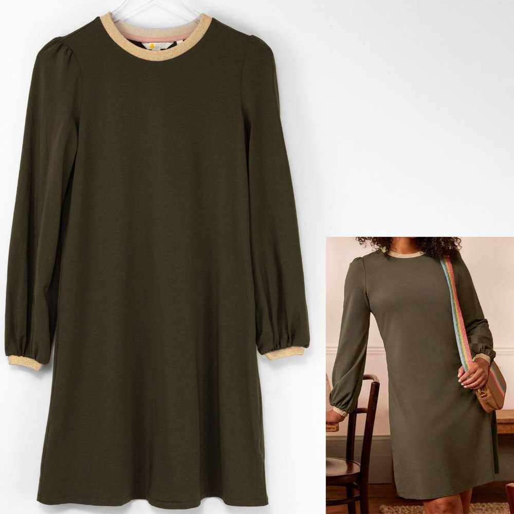 Boden Swing Dress Trapeze Mini Midi Cotton Metallic Gold Trim Khaki Green Size 2